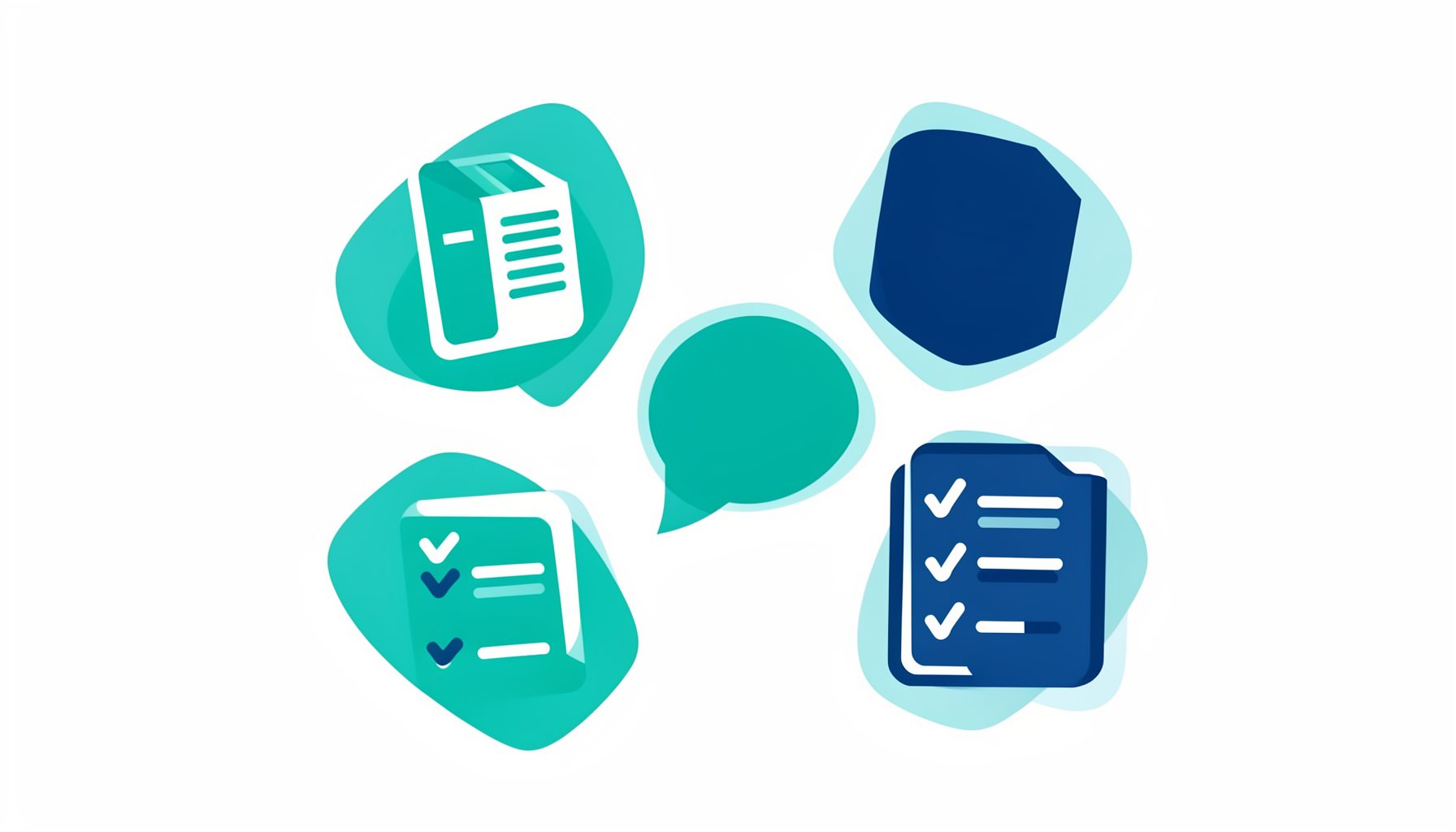 Circular teal and navy icons representing documents, chat bubbles, and checklists arranged loosely in a calm flat illustration