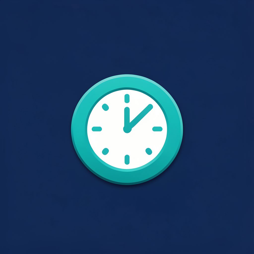Small circular icon in teal and white showing a clock with an alert mark on a navy background