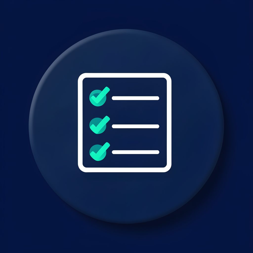 Small circular icon in teal and white showing a form checklist outline on a navy background